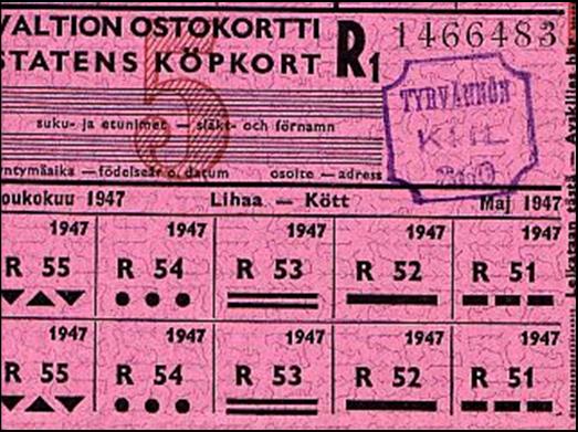 Ransoneringskort från 1947 med kryptiska symboler och siffror.