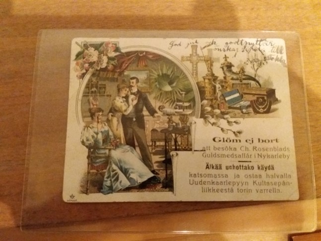 Reklamkort för Chally Rosenbladhs guldsmedsaffär i Nykarleby.