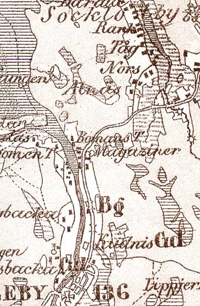 Detalj ur karta från 1845. Magaziner mitt på kartan avser magasinen vid Gamla hamn och Bomans T. är Bomans torp.