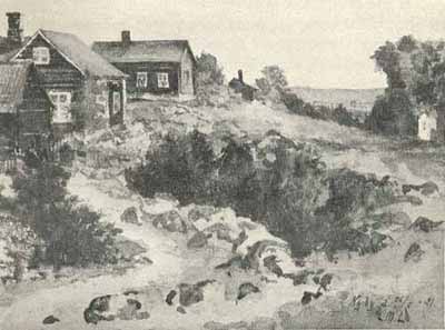 Gata i Nykarleby.  Akvarell av Mikael Lybeck från 1891.