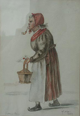 Doktors Stina» alias Stina Sigfrids. Deja på Kuddnäs, som berättade sagor för Z. T. Akvarell av Hilda Olson 1847