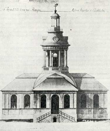 Kungsholms kyrka med påritat förslag till torn av Jacob Rijf år 1805.