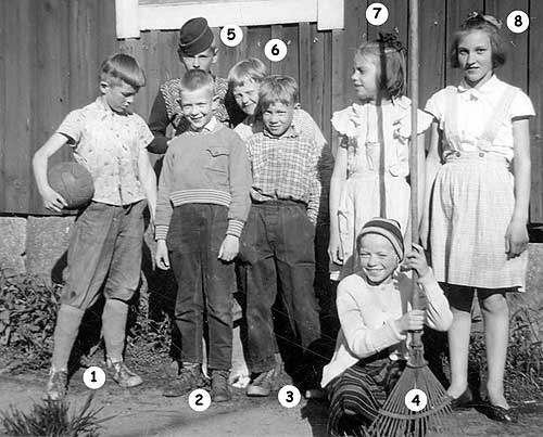 Jan Metso, Kari Söderlund, Senja Pennanen, Gunnel Bergström, Roland Ehrstedt, Jarl Ahlbeck, Ismo Lappalainen och Alli Pennanen, troligen en vårdag 1956 utanför barnhemmet.