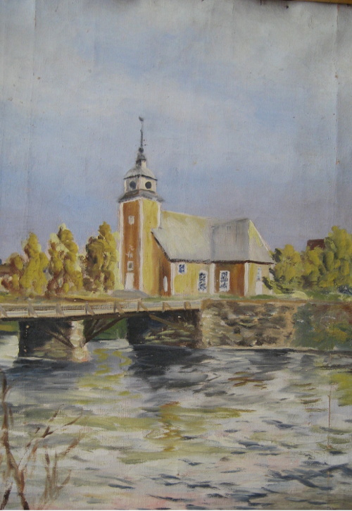[Målning av kyrkan från någon gång mellan 1907 när Normen stod färdig och 1929 när man började renovera Storbron. Förstoring. Nykarleby i konsten.