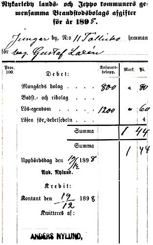 Från 1898 finns en debetsedel bevarad. Den är utskriven på bagaren Gustaf Laxén och kvitterad av Anders Nylund.
