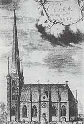 S. Klara kyrka, Stockholm. Byggd omkr. 1577—90. Kopparstick av J. van Aveelen