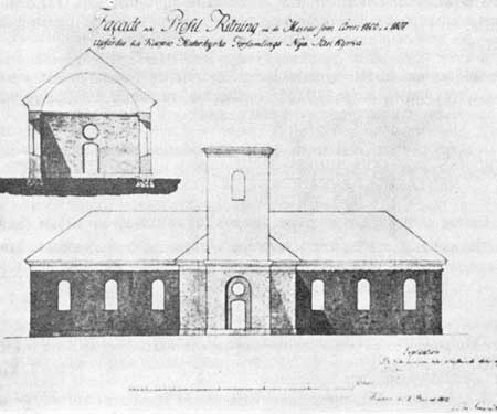 Pehr Granstedts avritning av Kuopio kyrkas första byggnadsskede 1806—1807, under Jacob Rijfs ledning.